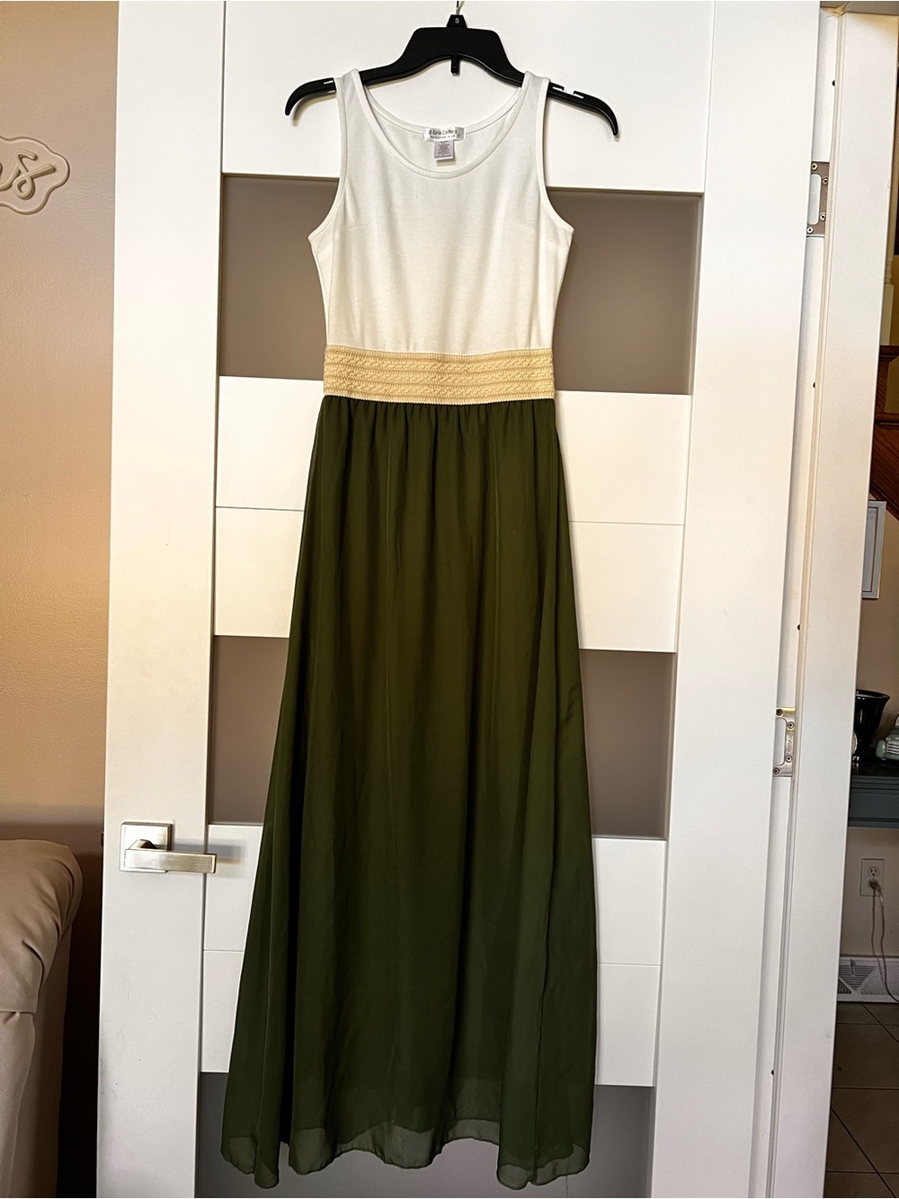 Women’s Cream and Olive Green Maxi Dress with Smocked Waist